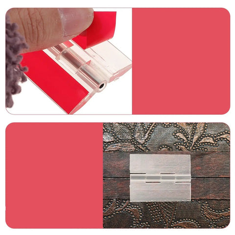 Close-up of 5Pcs Transparent Self Adhesive Cabinet Hinges showing adhesive strip and hinge on textured surface.