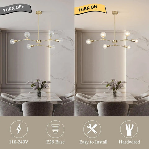 Modern Sputnik Chandelier In Brushed Brass With Six Light Gold Finish Hanging Pendant shown off and on in a dining room.
