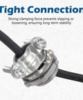 Heavy Duty Zinc Alloy Cable Connectors 50 Pack 1/2 Inch Wire Clamps For NM Cables And Metal Conduit secured tightly to black wire.
