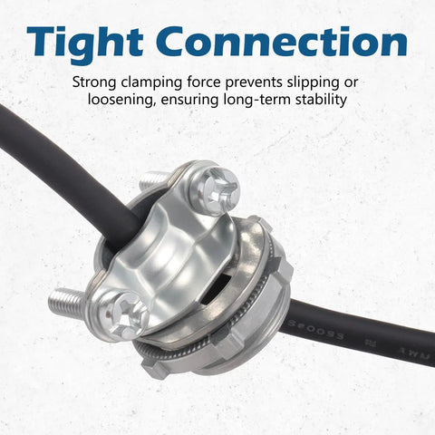Heavy Duty Zinc Alloy Cable Connectors 50 Pack 1/2 Inch Wire Clamps For NM Cables And Metal Conduit secured tightly to black wire.