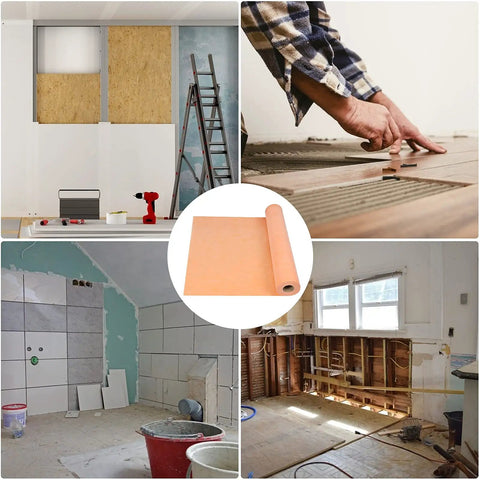 Beefed Up Waterproof Membrane Roll 430 Sq Ft 20 Mil Thick 3.3 By 131 Feet PE Fabric for walls and floors in construction settings.