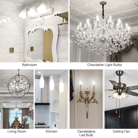Multiple lighting fixtures including a chandelier light bulb, candelabra LED bulb, and ceiling fan in home interiors