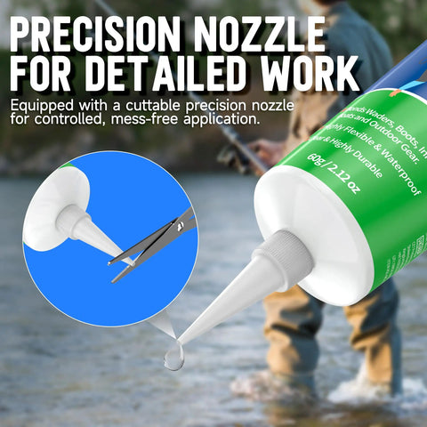 Flexible Waterproof Wader Patch Kit adhesive with precision nozzle, 60ml tube, in use by fisherman in outdoor setting.