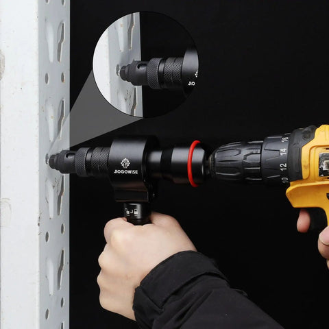 Using the 2-In-1 Rivet Gun And Rivet Nut Adapter Kit For Cordless Drills With Carry Case, Fits 18V-24V Tools on metal frame.