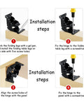 Installation steps for Rock Solid Self Locking Folding Hinges With 90 Degree Folding Leg Bracket Setup and Thick Steel Plates.