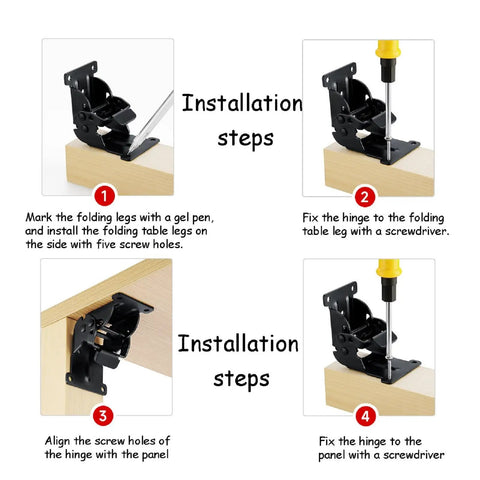 Installation steps for Rock Solid Self Locking Folding Hinges With 90 Degree Folding Leg Bracket Setup and Thick Steel Plates.