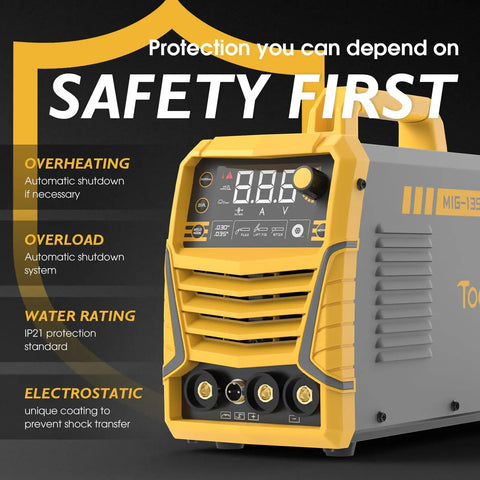 Front view of Gasless Flux Core MIG Welder 3 In 1 With MIG Stick And Lift TIG Capabilities 110V DC Inverter LCD Display 135A Output