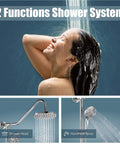 Retrofit Shower System With 6 Function Handheld Sprayer And 8 Inch Rain Shower Head, wall mount, showing both functions in use.