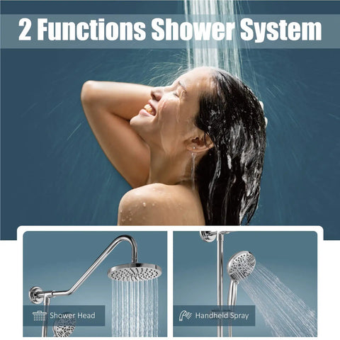 Retrofit Shower System With 6 Function Handheld Sprayer And 8 Inch Rain Shower Head, wall mount, showing both functions in use.