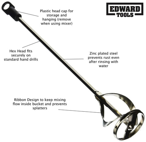 Heavy Duty Paint And Mud Mixer Attachment For Drill Mixes One To Three Gallons With Fifteen And Three Quarters Inch Length And Five Sixteenth Inch Hex Shaft Zinc Plated Steel Reinforced Weld Non Slip Hex Head And Easy Clean with labeled features