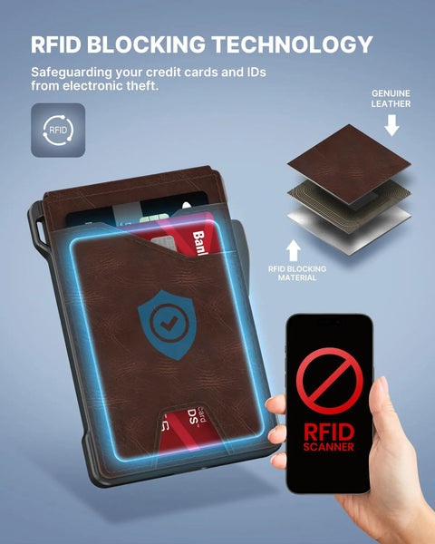 Image showing RFID blocking technology of Slim RFID Blocking Leather Tactical Wallet For Men With Pop Up Card Case And Front Pocket Money Clip