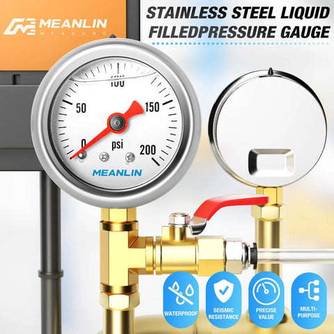 Meanlin pressure gauge, stainless steel, glycerin-filled, 0–200 psi, 1.5-inch dial, front view