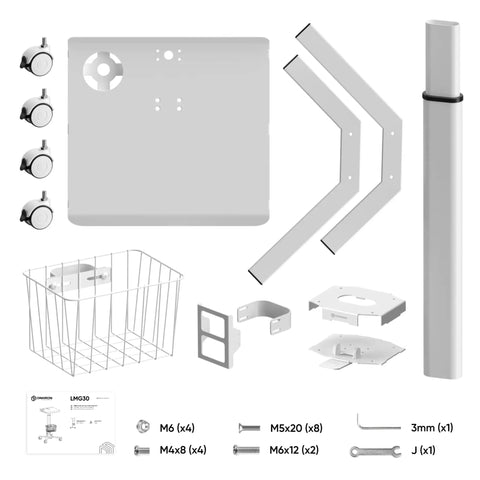 Components of Mobile Laptop Cart On Wheels With Adjustable Height From 29.7 To 45.2 Inches including wheels, base, and basket