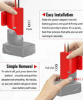 Diagram showing installation and removal of Two Pack Power Wheel Battery Adapter Kit For Milwaukee 12V with red housing and hands operating.
