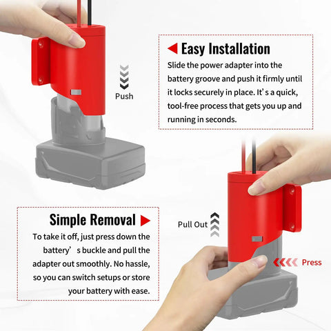 Diagram showing installation and removal of Two Pack Power Wheel Battery Adapter Kit For Milwaukee 12V with red housing and hands operating.