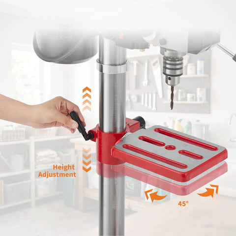 Height adjustment feature of 10 Inch Benchtop Drill Press With 5 Amp Variable Speed Motor And Led Light, showcasing tilted metal table.