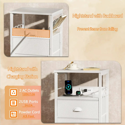 White End Table With Built In Charging Station And USB Ports Nightstand With Outlets Storage Shelf Fabric Drawers Hooks