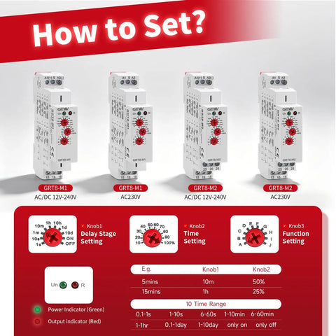 How to set 10-Function 16A Time Relay for AC/DC 12-240V with Latching Mode, GRT8-M1 and GRT8-M2 models with settings guide.