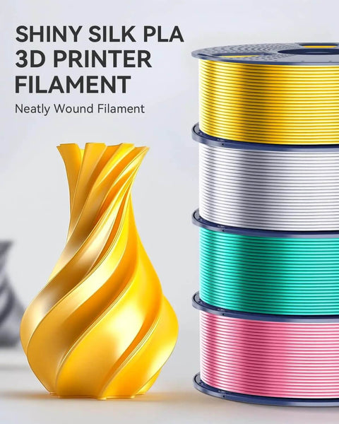 Silk PLA 1.75mm Filament Bundle 2 Kg Eight 250G Spools Dope Multicolor Set includes Light Gold, shown with 3D-printed vase