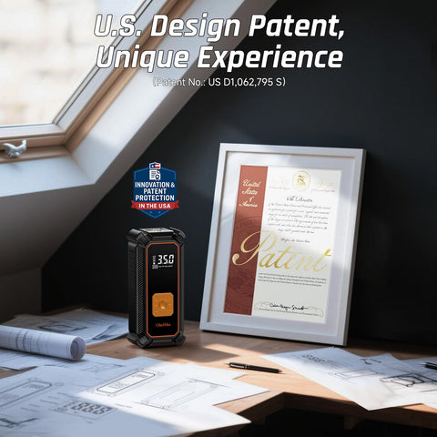 Cordless Tire Inflator Portable Air Compressor With Dual Power And 5400 mAh Battery next to patent certificate