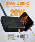 Heavy Duty Surge Protector Power Strip With An Incredibly Flat Plug 5 Foot Extension Cord In Black charging a smartphone efficiently.