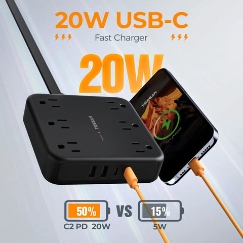 Heavy Duty Surge Protector Power Strip With An Incredibly Flat Plug 5 Foot Extension Cord In Black charging a smartphone efficiently.