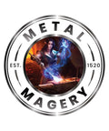 Metal Magery logo featuring a mythical blacksmith with glowing blue flames, established in 1520.