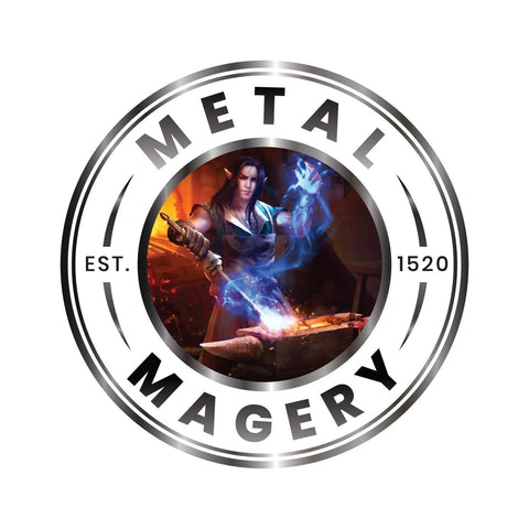 Metal Magery logo featuring a mythical blacksmith with glowing blue flames, established in 1520.