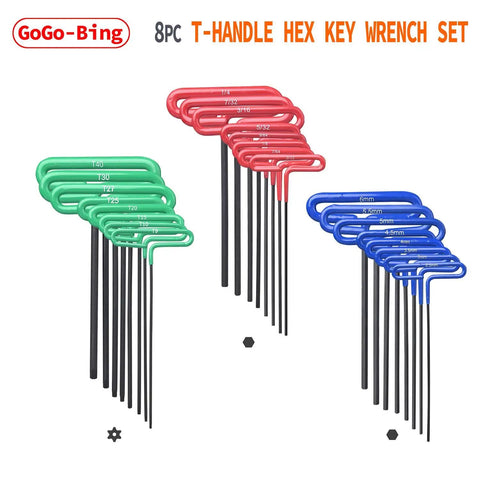 Cushion Grip Hex T Handle Wrench Set with 8 SAE sizes 3/32 to 1/4 inch, 8 metric 2.5 to 6 mm, 8 Torx T9 to T40 in red, blue, green