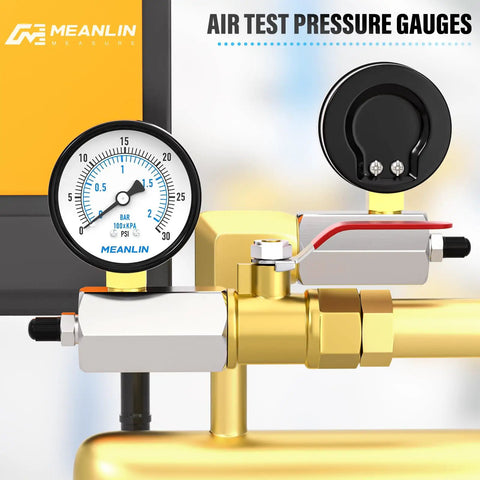 Close-up of two inch steel double graduated air test pressure gauges for zero to thirty psi range with three quarter inch FNPT connection