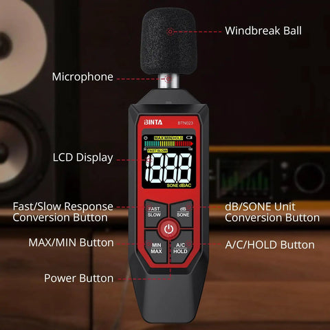 Digital Sound Level Meter With AC Weighted 30 To 130 dB For Home Office Or Industrial Use High Accuracy 1.5 dB Easy Readout Go-To Pro-Grade Decibel Meter For Real World Noise Monitoring And Compliance, front view with LCD display and buttons