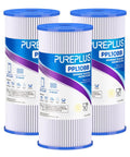 Three 5 Micron Well Water Whole House Pleated Sediment Filter 10x4.5 Inch 3 Pack shown with blue caps and white pleats.