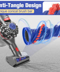 Close-up of Mini Hair Screw Vacuum Attachment With Anti Tangle Conical Brush for Dyson showing unique conical brush bar design.