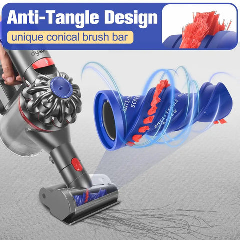Close-up of Mini Hair Screw Vacuum Attachment With Anti Tangle Conical Brush for Dyson showing unique conical brush bar design.