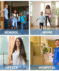 Collage showing doors in school, home, office, and hospital settings for 2 Piece Rubber Door Wedge With Stainless Steel Core Non Slip Door Stopper For Home And Bathroom Protects Floors And Keeps Doors From Slamming Odorless Environmentally Friendly Black.