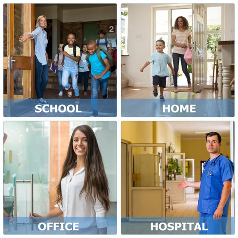 Collage showing doors in school, home, office, and hospital settings for 2 Piece Rubber Door Wedge With Stainless Steel Core Non Slip Door Stopper For Home And Bathroom Protects Floors And Keeps Doors From Slamming Odorless Environmentally Friendly Black.