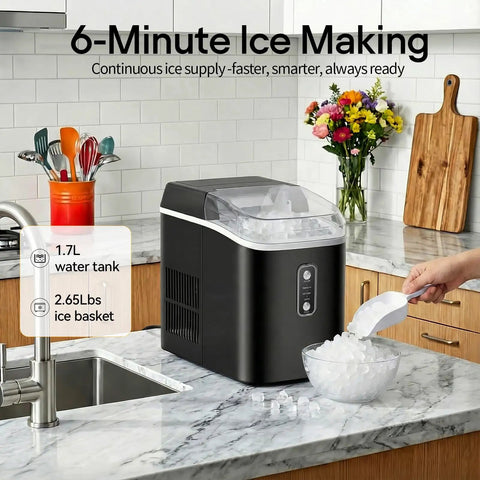 Countertop Nugget Ice Maker Portable Auto Clean With Basket And Scoop Ready In 6 Minutes on a kitchen countertop with ice