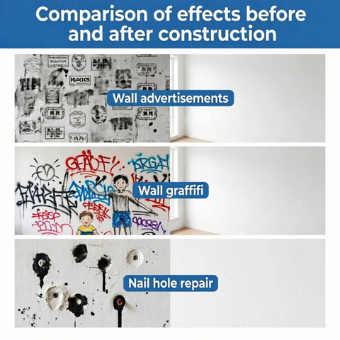 Comparison of wall before and after using Wall Repair Paste Kit For Drywall Cracks And Nail Holes, Quick And Easy Spackle Cream.
