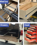Heavy Hitting 50 Inch Full Extension Three Section Drawer Slides installed in modified car and RV drawers with glide mechanisms.