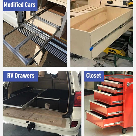 Heavy Hitting 50 Inch Full Extension Three Section Drawer Slides installed in modified car and RV drawers with glide mechanisms.