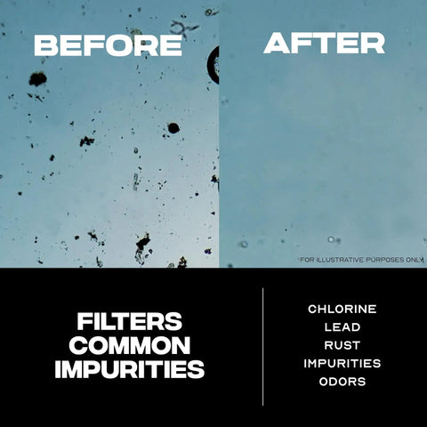 Glass Water Pitcher With Carbon Filter 1.3L Capacity For Fast Filtration Removes Lead Odors Chlorine Long Lasting Filter 2 Pack Included For Crisp Clean Tap Water shown before and after filtration demonstration.