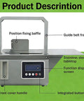 Automatic Tape Tying Machine With Foot Pedal Trigger And Optic Sensor For Produce Bagging Dual Mode Digital Display showing stainless steel construction and control panel.