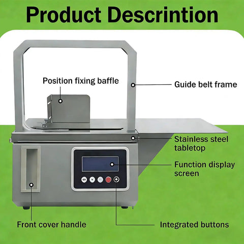 Automatic Tape Tying Machine With Foot Pedal Trigger And Optic Sensor For Produce Bagging Dual Mode Digital Display showing stainless steel construction and control panel.