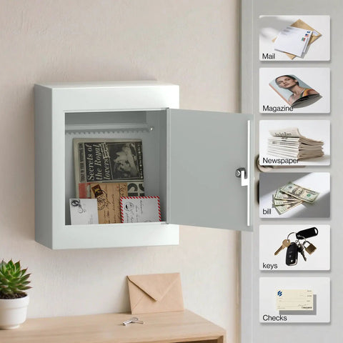Built Tough Heavy Duty Through Wall Mailbox With Rainproof Cover Locking Drop Box And 10 Inch Adjustable Chute Weatherproof Drop Safe For Mail Rent Checks Cash Keys White mounted on a wall with open door