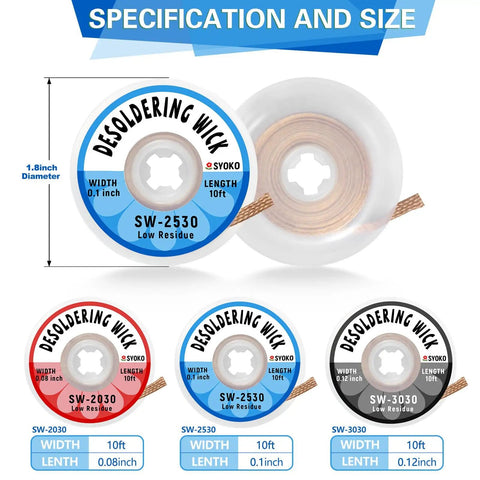 3 Pack Desoldering Wick 2.5mm Wide 3M Long Copper Braided No Clean Solder Remover Wick showing specifications and sizes