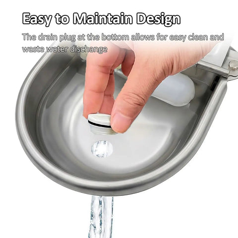 Heavy Duty Stainless Steel Water Dispenser For Dogs Cats And Poultry With Smart Float Valve Auto Refill drain plug for easy cleaning and water discharge.