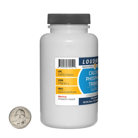 Calcium Phosphate Tribasic Fine Powder 4 Oz Bottle, 99.9% Pure ACS Reagent Grade, Pro Lab Grade for Research, with US quarter for scale.