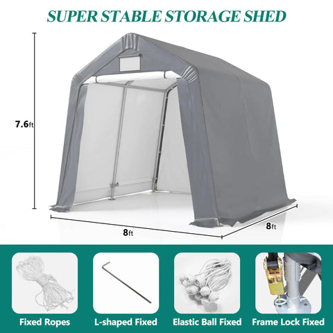8 By 8 Outdoor Storage Shelter Shed Heavy Duty Tent With Roll Up Ventilated Windows Portable Garage Gray Weatherproof Steel Frame
