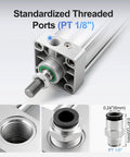 Heavy Duty Industrial Pneumatic Air Cylinder With One And One Quarter Inch Bore And Seven Point Eight Seven Inch Stroke Double Acting Single Rod M10 By 1.25 Threaded Rod Port One Eighth Inch Includes Two Push In Fittings, showcasing PT 1/8 port and threaded connection details.
