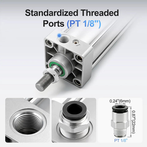 Close-up of One And One Quarter Inch Bore Pneumatic Air Cylinder With Eleven Point Eight One Inch Stroke showing threaded ports.